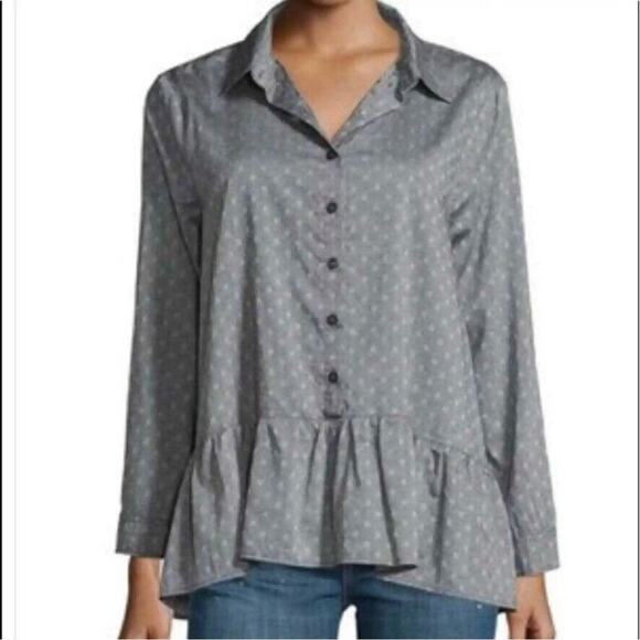 The Great. The Ruffle Oxford Top Size XS Cotton Polka Dot Grey Peplum Preppy - Picture 1 of 12